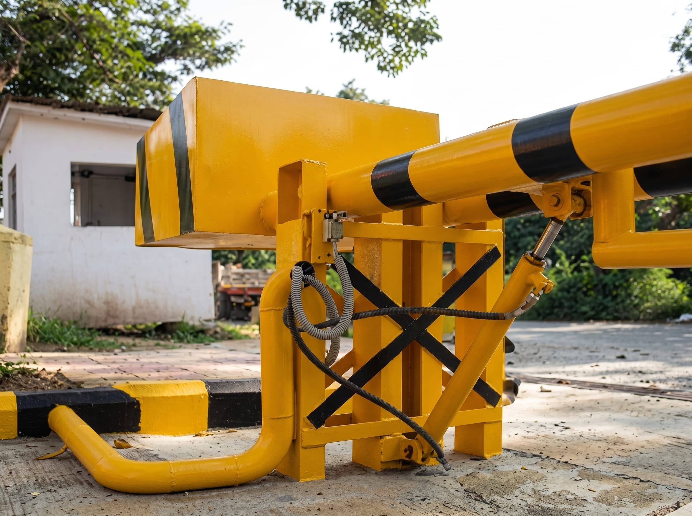 Yellow and black steel vehicle barrier at the Embassy of Poland, Islamabad