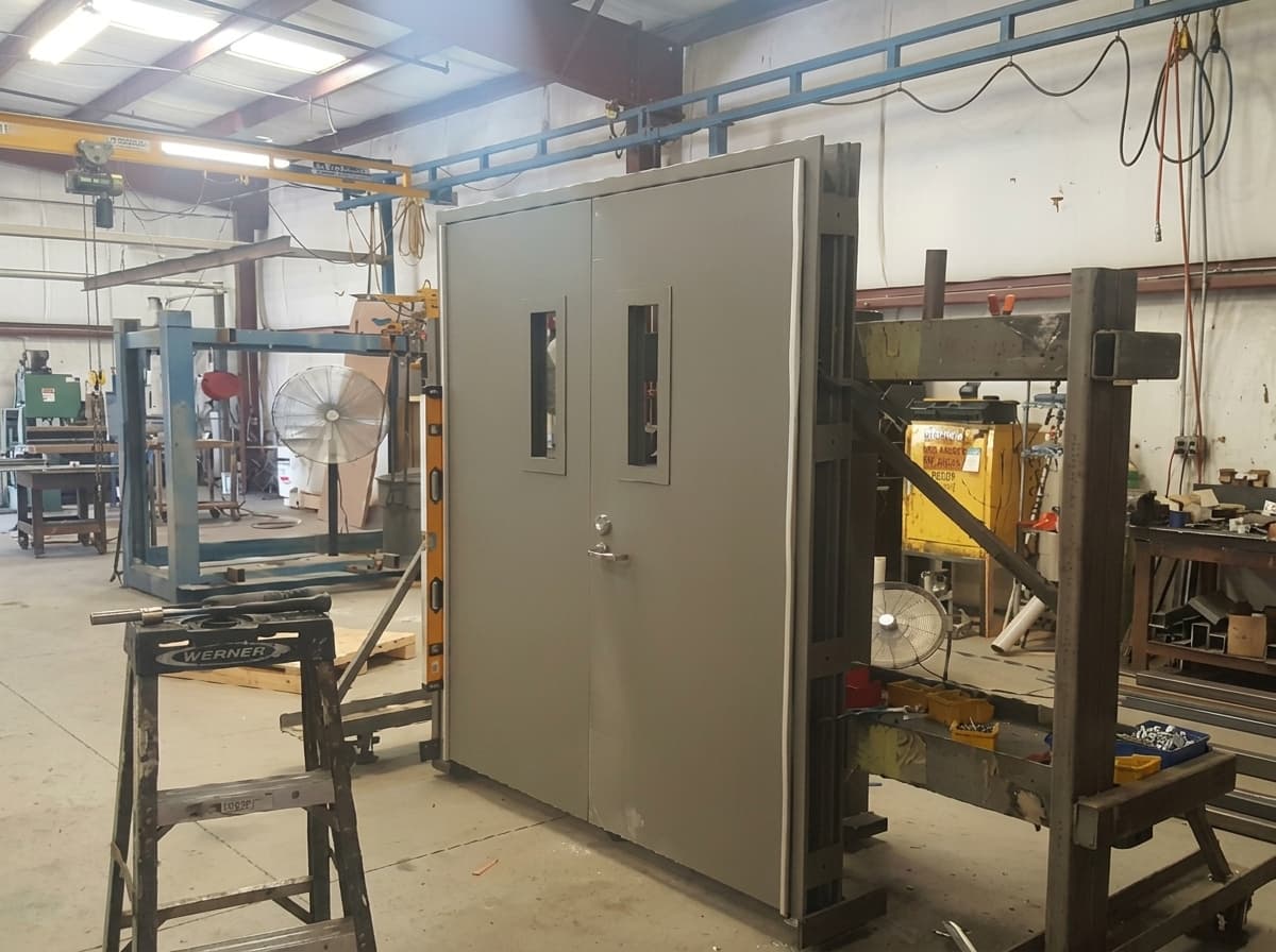 Grey steel double door with small windows, standing in the workshop
