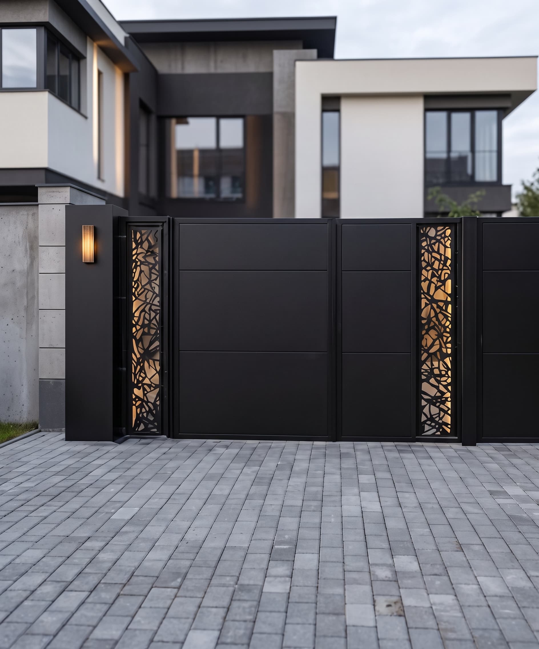 Black steel main gate with laser-cut side panels across a paved driveway