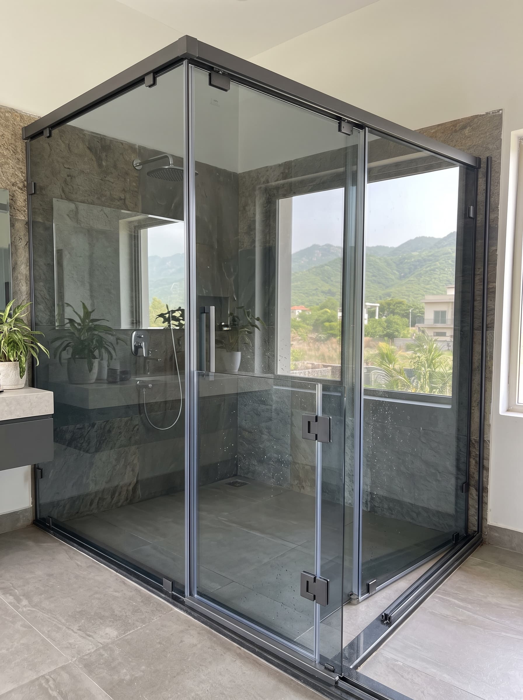 Glass shower enclosure with black fittings in a stone-tiled bathroom