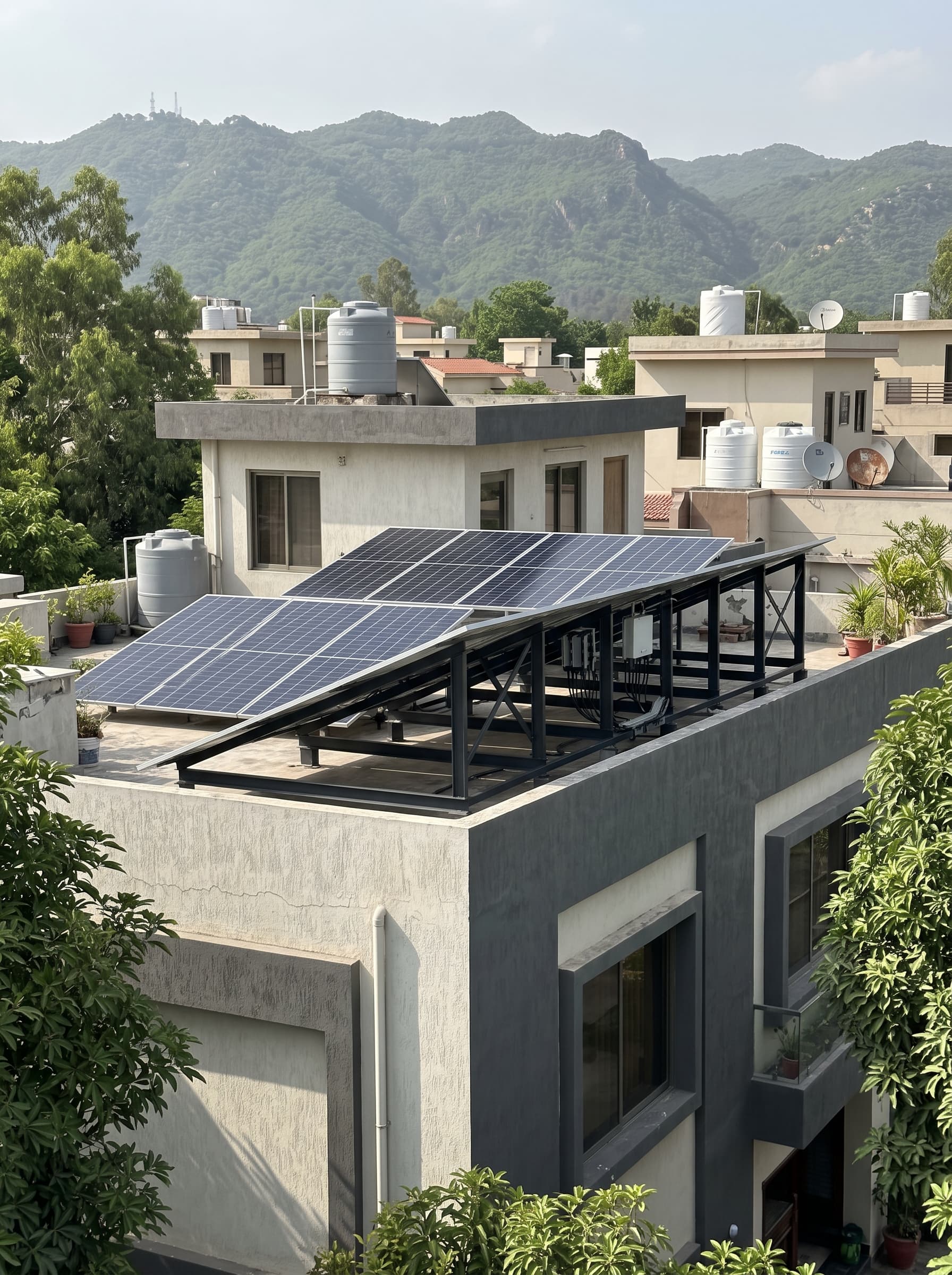 Raised steel solar panel structure on the roof of a house