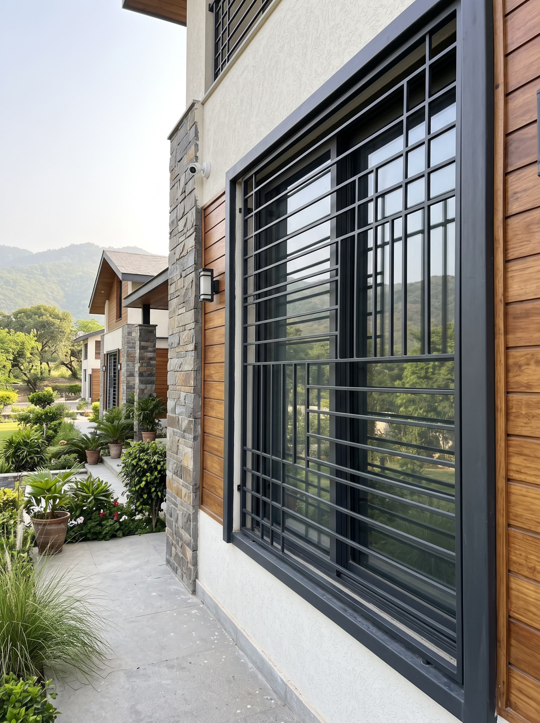 Black steel grid grill over a large window of a modern house