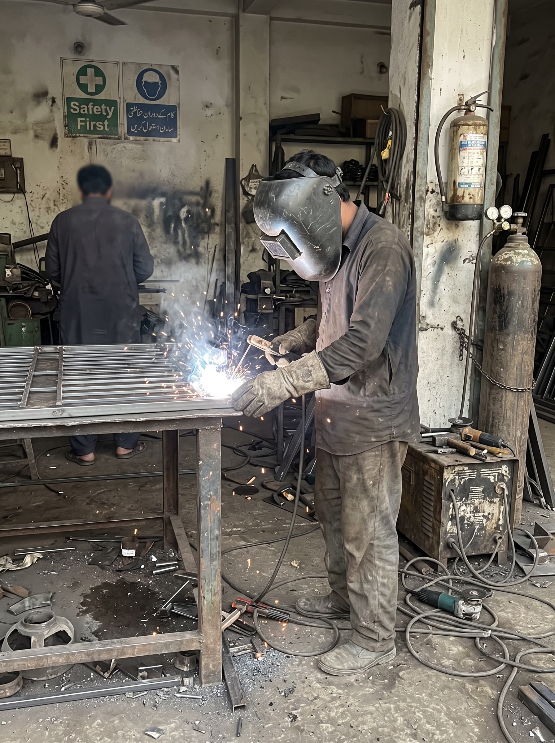 Welder in a mask welding a steel grill frame on a workshop bench, sparks flying